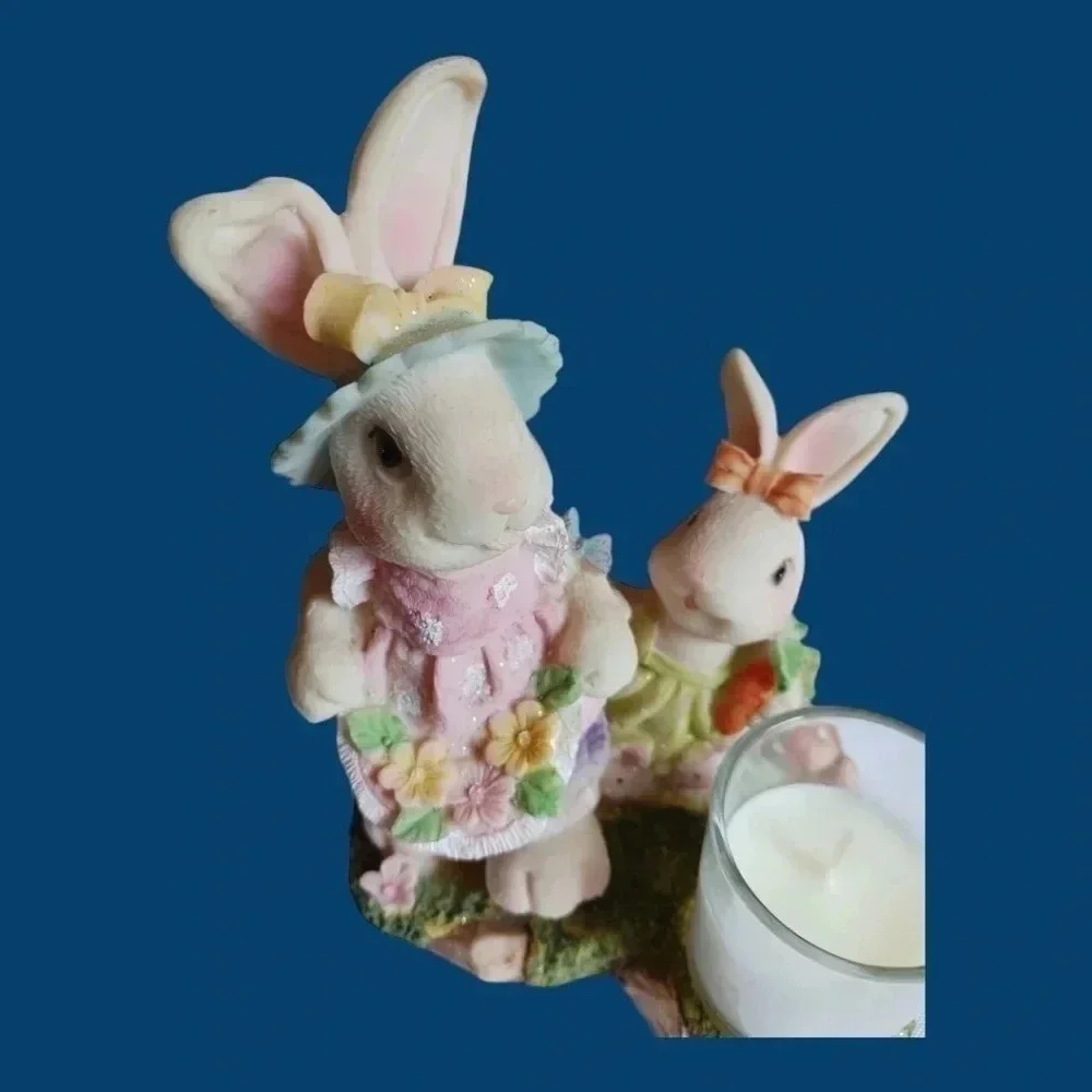 Vtg Cottage charms  ceramic dressed bunnies candle holder